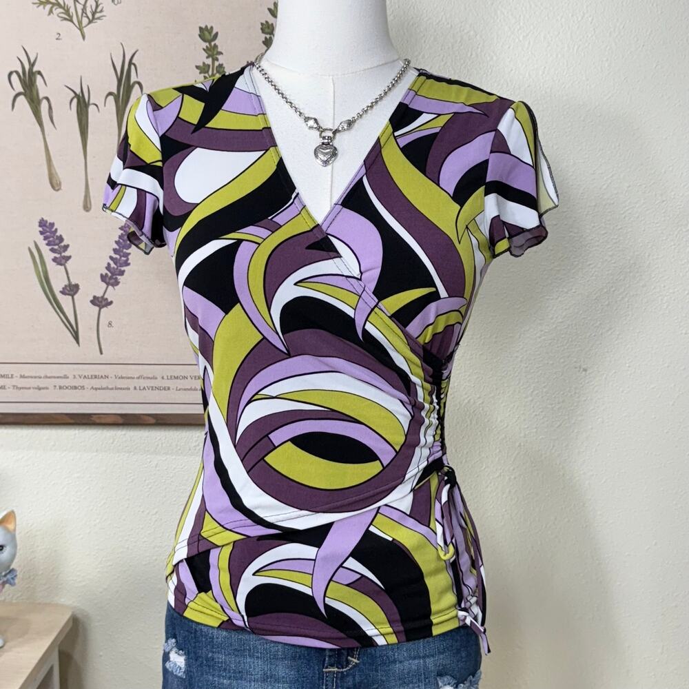 Vintage 90s Y2K Purple Green Mod Retro Print V Neck Faux Wrap Stretch Top S